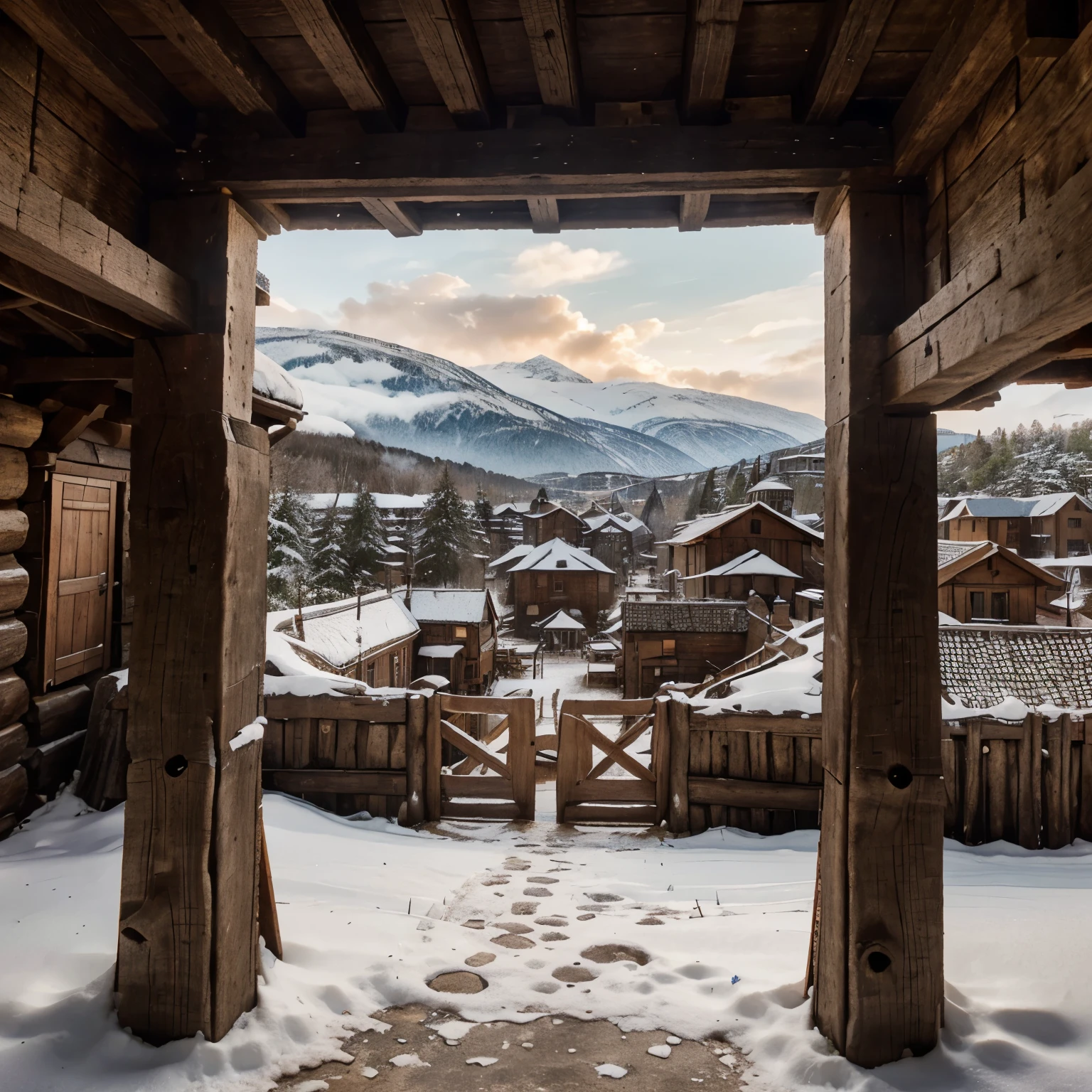 It was a small town in medieval Vikings style surrounded by crumbling wooden walls. Within the courtyard were young people practicing swords, shields, and axes. A small castle made of wood and straw stood in the middle. Surrounding the city is surrounded by pine forests and mountains, slightly covered in snow. and is next to the seaside, cinematic light, bird eye view