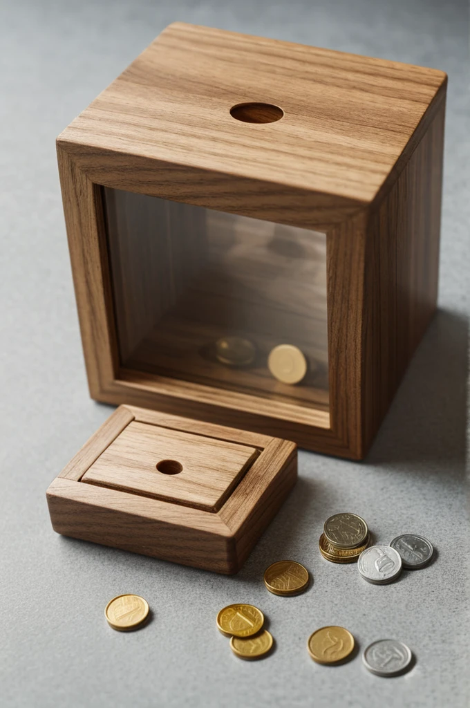 Square wooden piggy bank with a glass front with a coin swallow system 