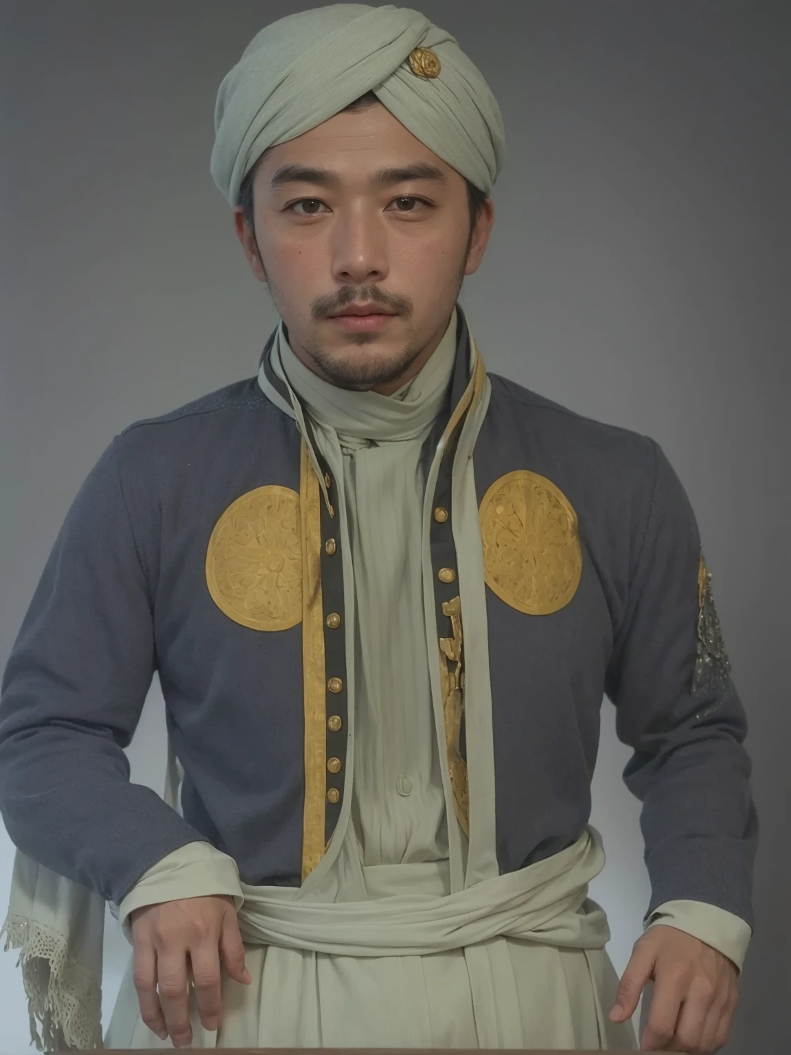 Make this photo look realistic and detailed, there is a man in a turban and a green shirt, 38years old man, inspired by Altoon Sultan, ottoman sultan, close portrait, historic portrait, raden saleh, portrait of a yari ashigaru, 1 8 0 0 s soldier, portrait n - 9, restored color, portrait image, realistic restored face, portrait still detailed, very detailed potrait, realistic portrait photo, close up potrait, profile portrait, very detailed face, very realistic face, very perfected face, very detailed clothes, very realistic clothes, very perfected clothes