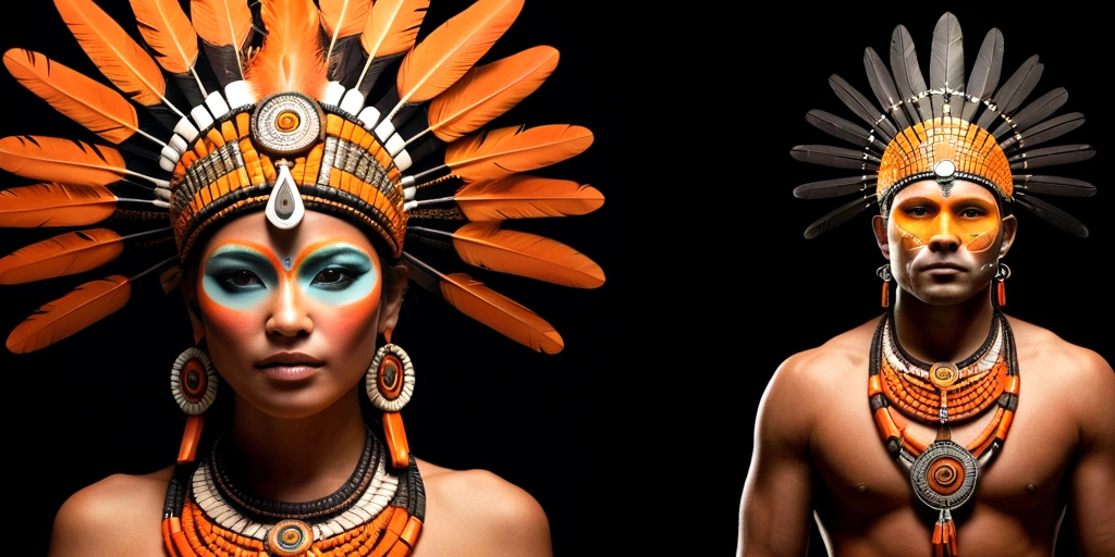 create an image of a warrior or shamanic figure, incorporating elements of power and ancestry. The figure should be in a low-light environment, focusing on their facial features and elaborate adornments. The figure must wear a majestic headdress, with vibrant feathers in shades of orange and yellow, standing out against the dark background. Your face should be painted with geometric patterns and fluorescent lines that glow in the dark, suggesting a connection to mystical or technological forces. The headdress should be richly decorated with metallic details and jewelry that reflect a deep cultural heritage. The expression on the figure's face must be intense and determined, conveying strength and wisdom. Lighting should emphasize the details of adornments and face paint, creating an atmosphere of mystery and reverence. The background of the image must have several geometric mandalas in a dark tone, further highlighting the central figure and its impressive adornments.
