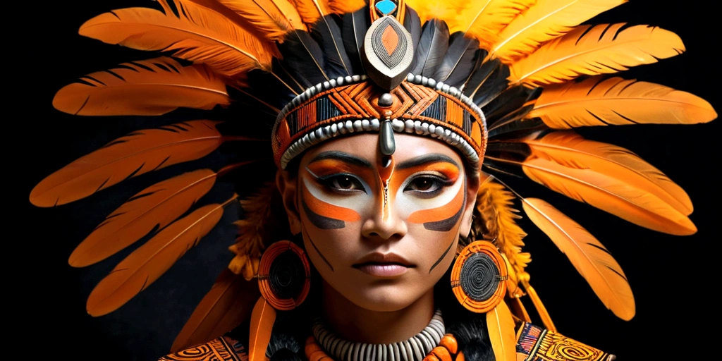 create an image of a warrior or shamanic figure, incorporating elements of power and ancestry. The figure should be in a low-light environment, focusing on their facial features and elaborate adornments. The figure must wear a majestic headdress, with vibrant feathers in shades of orange and yellow, standing out against the dark background. Your face should be painted with geometric patterns and fluorescent lines that glow in the dark, suggesting a connection to mystical or technological forces. The headdress should be richly decorated with metallic details and jewelry that reflect a deep cultural heritage. The expression on the figure's face must be intense and determined, conveying strength and wisdom. Lighting should emphasize the details of adornments and face paint, creating an atmosphere of mystery and reverence. The background of the image must have several geometric mandalas in a dark tone, further highlighting the central figure and its impressive adornments.