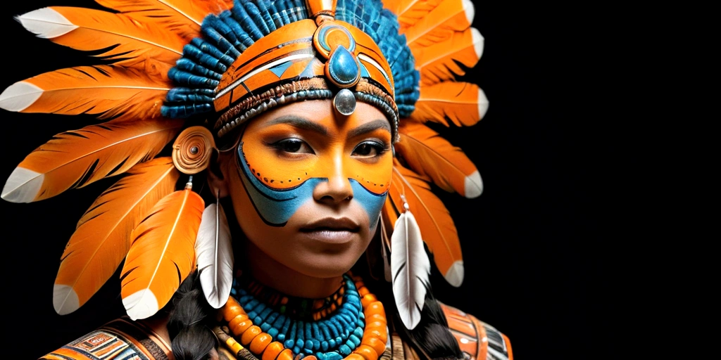 create an image of a warrior or shamanic figure, incorporating elements of power and ancestry. The figure should be in a low-light environment, focusing on their facial features and elaborate adornments. The figure must wear a majestic headdress, with vibrant feathers in shades of orange and yellow, standing out against the dark background. Your face should be painted with geometric patterns and fluorescent lines that glow in the dark, suggesting a connection to mystical or technological forces. The headdress should be richly decorated with metallic details and jewelry that reflect a deep cultural heritage. The expression on the figure's face must be intense and determined, conveying strength and wisdom. Lighting should emphasize the details of adornments and face paint, creating an atmosphere of mystery and reverence. The background of the image must have several geometric mandalas in a dark tone, further highlighting the central figure and its impressive adornments.