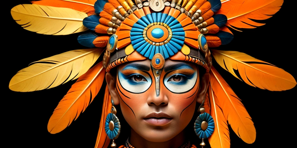create an image of a warrior or shamanic figure, incorporating elements of power and ancestry. The figure should be in a low-light environment, focusing on their facial features and elaborate adornments. The figure must wear a majestic headdress, with vibrant feathers in shades of orange and yellow, standing out against the dark background. Your face should be painted with geometric patterns and fluorescent lines that glow in the dark, suggesting a connection to mystical or technological forces. The headdress should be richly decorated with metallic details and jewelry that reflect a deep cultural heritage. The expression on the figure's face must be intense and determined, conveying strength and wisdom. Lighting should emphasize the details of adornments and face paint, creating an atmosphere of mystery and reverence. The background of the image must have several geometric mandalas in a dark tone, further highlighting the central figure and its impressive adornments.