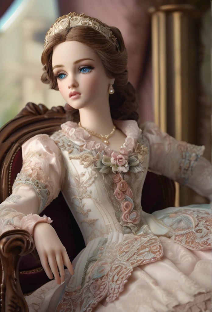 a beautiful porcelain doll, detailed intricate dress, rosy cheeks, big blue eyes, long eyelashes, delicate facial features, detailed hands and fingers, beautiful ornamental hair accessories, ornate victorian-style furniture, warm soft lighting, pastel color palette, (best quality,4k,8k,highres,masterpiece:1.2),ultra-detailed,(realistic,photorealistic,photo-realistic:1.37),intricate detail,porcelain,victorian,elegant,refined