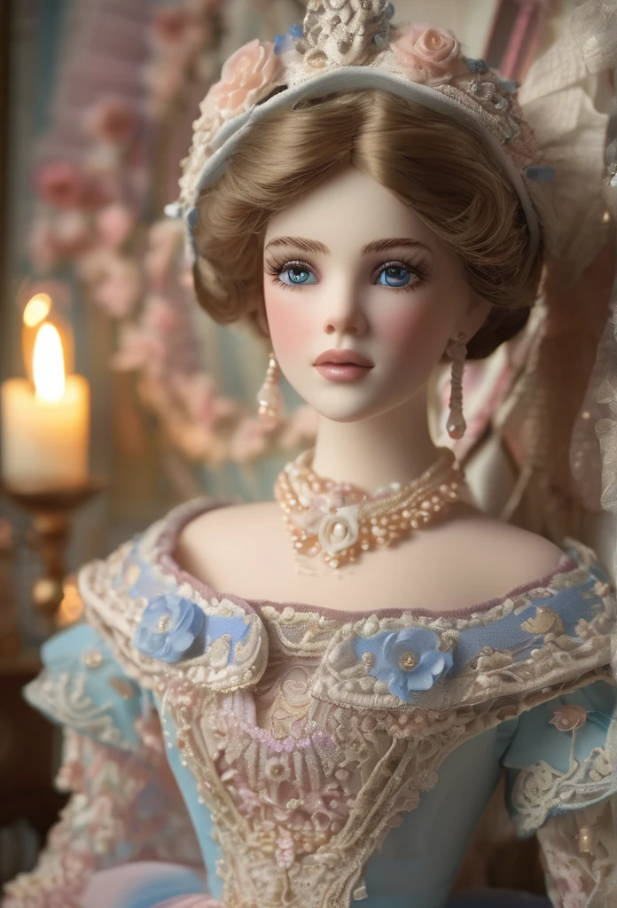a beautiful porcelain doll, detailed intricate dress, rosy cheeks, big blue eyes, long eyelashes, delicate facial features, detailed hands and fingers, beautiful ornamental hair accessories, ornate victorian-style furniture, warm soft lighting, pastel color palette, (best quality,4k,8k,highres,masterpiece:1.2),ultra-detailed,(realistic,photorealistic,photo-realistic:1.37),intricate detail,porcelain,victorian,elegant,refined