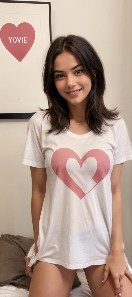missionary, sex, vaginal,  1girl, 1boy, penis, lying, white t-shirt, bottomless, medium hair,( two-tone hair ), uncensored, spoken hearts, smile, closed mouth,  blush, 