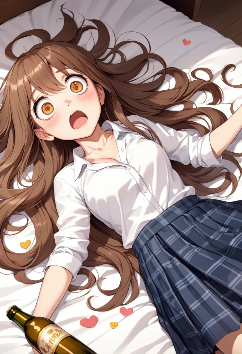 detailed illustration, dynamic angle, ultra-detailed, illustration, 1girl, 18 year old, school girl, wavy brown hair, long hair, bright brown eyes, hearts, white shirt, blue plaid skirt, cleavage, flush, blush, arousal, laying on bed, drunk, dizzy, swirl eyes, wide eyes, open mouth, confused, wide eyes, shocked eyes, amazed eyes, beer bottle