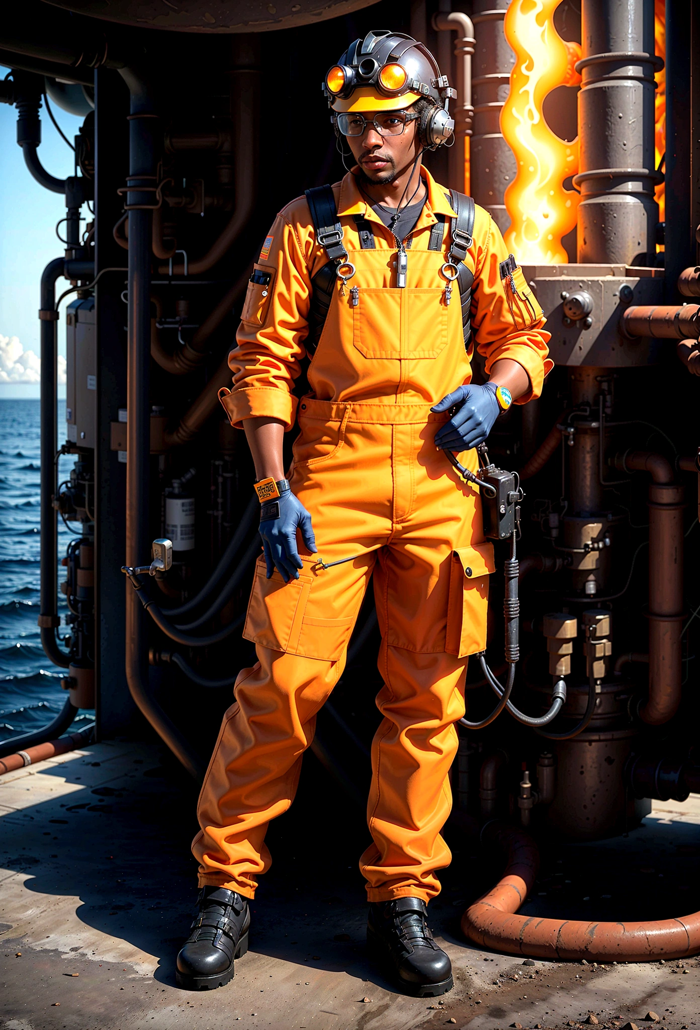 “Character design, luminogram, sharp focus, colorful, clear, detailed, cinematic, detailed, glamorous, offshore world, petroleum, energy, photos on an oil rig, petroleum, inspirational glow, maritime, realism fantastic, offshore fire-resistant overalls, orange clothing, industrial helmet, industrial protective goggles, ear protectors, shell type. black man, blue eyes, full body, bust, torso, hard gloves, unique clouses, dirty clouses”