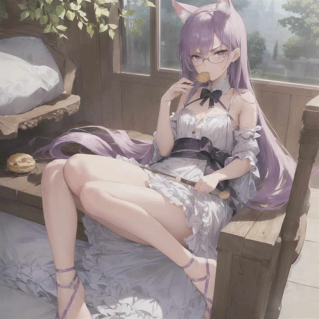 ((masterpiece)), (best quality), (ultra-detailed), photorealistic, (best illustration), ((an extremely delicate and beautiful)), 1boy, solo, long hair, lilac cat ears, [:lilac cat tail under:0.2], full body, very young, Cute, angry, eating muffin, territorial, hiding food from viewer, purple eyes, shortstack, ???, Crumbs on cheeks, glasses, serious face, boyish face, young boy. 