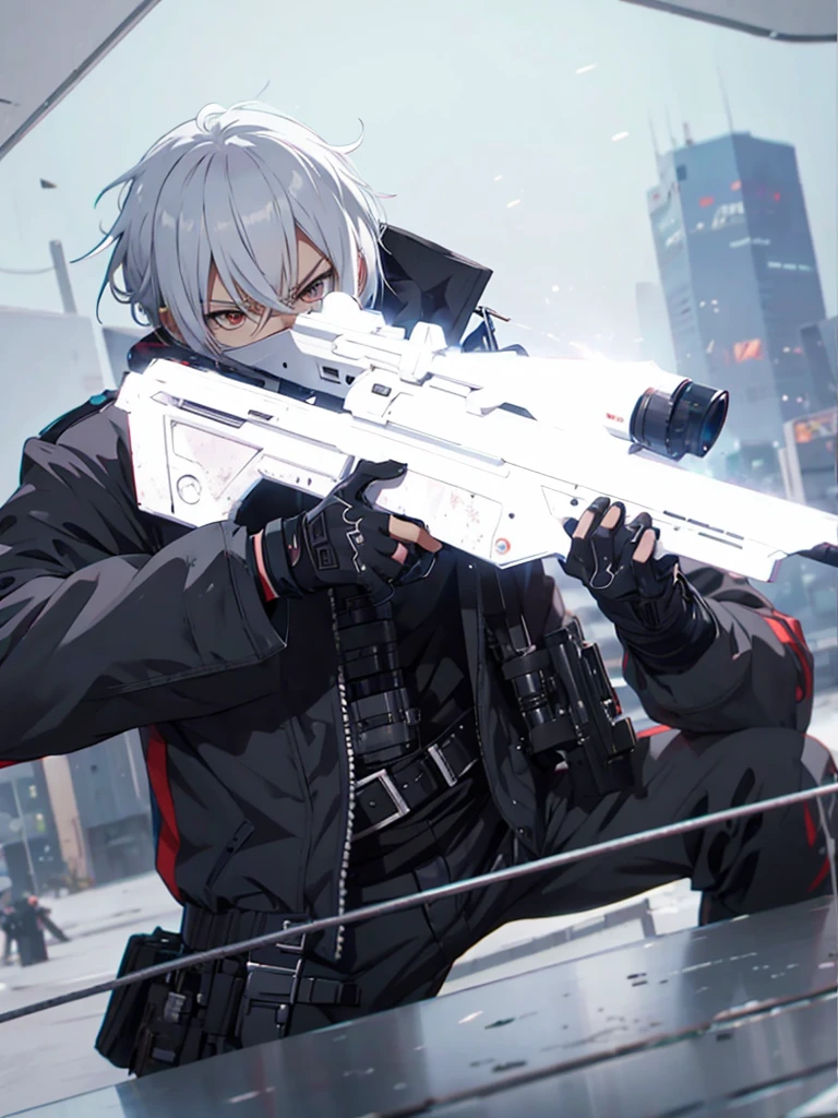 anime character with gun in hand and scarf, an anime drawing inspired by Okumura Togyu, trends on pixiv, neoism, trigger anime art style, Anime main art, white hair, best 4k konachan anime wallpaper, an angry age killer, de white hair, male anime character, anime character detailed art, with white sniper No errors Symmetry Right hands Sniper position Short, messy hair Scarf covering the face Black assassin's outfit White sniper painted white white details