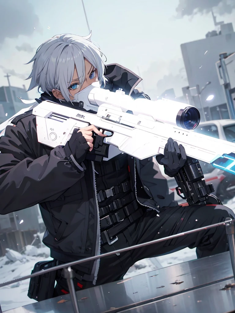 anime character with gun in hand and scarf, an anime drawing inspired by Okumura Togyu, trends on pixiv, neoism, trigger anime art style, Anime main art, white  hair, best 4k konachan anime wallpaper, an angry teenage killer, de white  hair, male anime character, anime character detailed art, with white sniper No errors Symmetry Right hands Sniper position Short, messy hair Scarf covering the face Black assassin&#39;s outfit White sniper painted white white details 