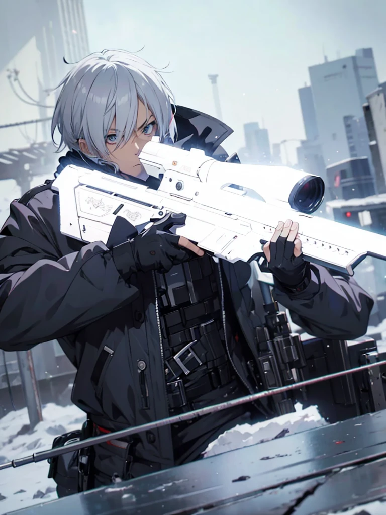 anime character with gun in hand and scarf, an anime drawing inspired by Okumura Togyu, trends on pixiv, neoism, trigger anime art style, Anime main art, white hair, best 4k konachan anime wallpaper, an angry age killer, de white hair, male anime character, anime character detailed art, with white sniper No errors Symmetry Right hands Sniper position Short, messy hair Scarf covering the face Black assassin's outfit White sniper painted white white details