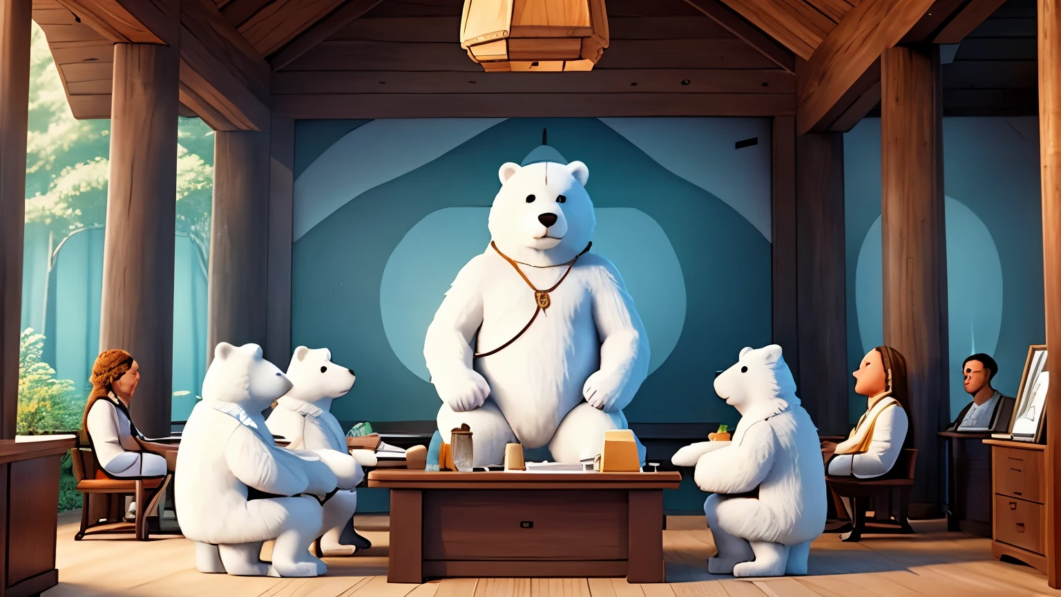 a big white bear In a meeting with the forest animals