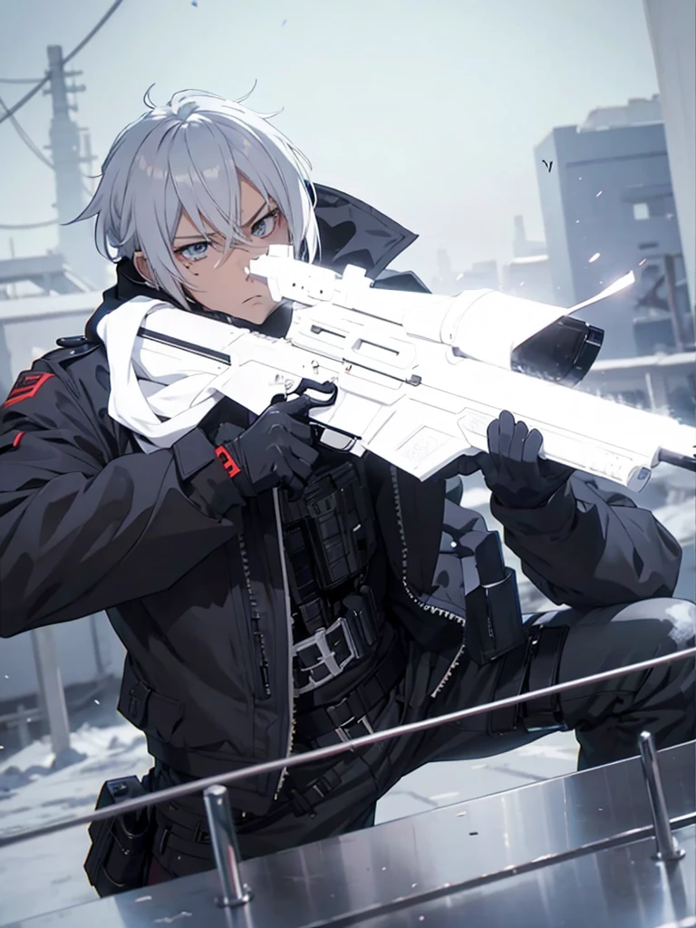 anime character with gun in hand and scarf, an anime drawing inspired by Okumura Togyu, trends on pixiv, neoism, trigger anime art style, Anime main art, white hair, best 4k konachan anime wallpaper, an angry teenage killer, de white hair, male anime character, anime character detailed art, with white sniper No errors Symmetry Right hands Sniper position Short, messy hair Scarf covering the face Black assassin's outfit White sniper painted white white details