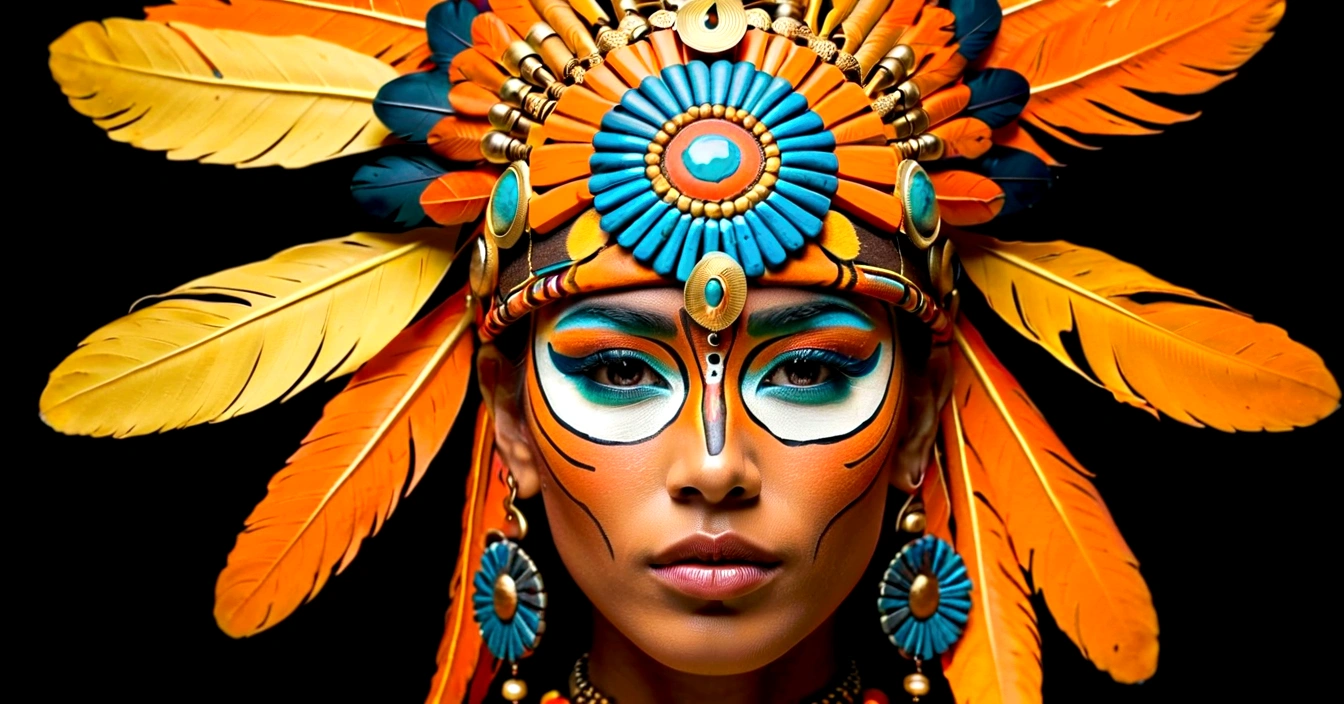create an image of a warrior or shamanic figure, incorporating elements of power and ancestry. The figure should be in a low-light environment, focusing on their facial features and elaborate adornments. The figure must wear a majestic headdress, with vibrant feathers in shades of orange and yellow, standing out against the dark background. Your face should be painted with geometric patterns and fluorescent lines that glow in the dark, suggesting a connection to mystical or technological forces. The headdress should be richly decorated with metallic details and jewelry that reflect a deep cultural heritage. The expression on the figure's face must be intense and determined, conveying strength and wisdom. Lighting should emphasize the details of adornments and face paint, creating an atmosphere of mystery and reverence. The background of the image must have several geometric mandalas in a dark tone, further highlighting the central figure and its impressive adornments.