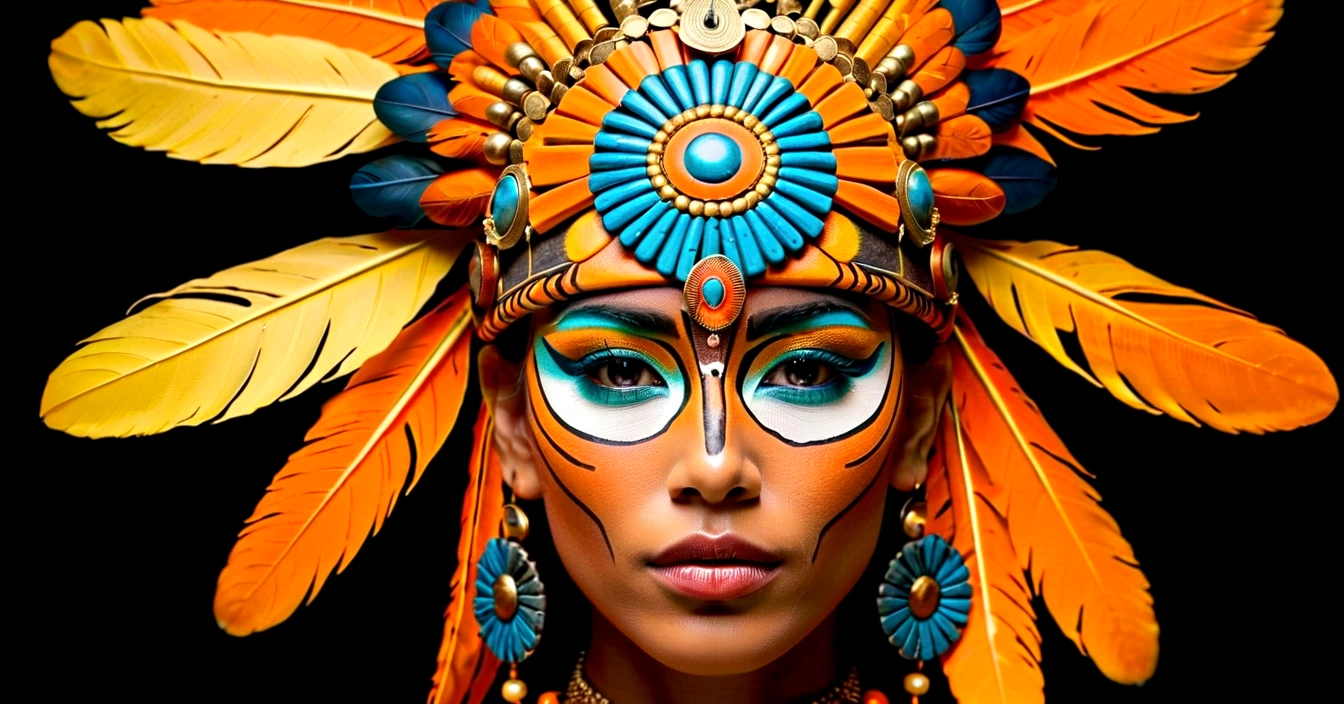 create an image of a warrior or shamanic figure, incorporating elements of power and ancestry. The figure should be in a low-light environment, focusing on their facial features and elaborate adornments. The figure must wear a majestic headdress, with vibrant feathers in shades of orange and yellow, standing out against the dark background. Your face should be painted with geometric patterns and fluorescent lines that glow in the dark, suggesting a connection to mystical or technological forces. The headdress should be richly decorated with metallic details and jewelry that reflect a deep cultural heritage. The expression on the figure's face must be intense and determined, conveying strength and wisdom. Lighting should emphasize the details of adornments and face paint, creating an atmosphere of mystery and reverence. The background of the image must have several geometric mandalas in a dark tone, further highlighting the central figure and its impressive adornments.
