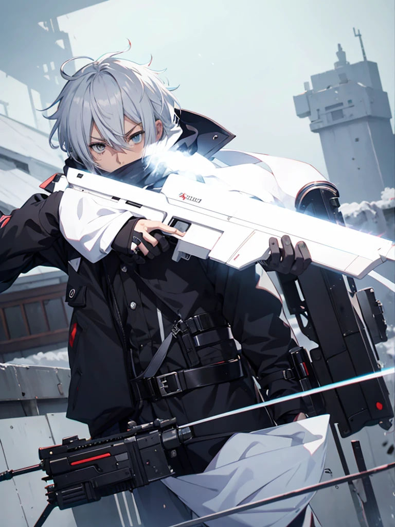 anime character with gun in hand and scarf, an anime drawing inspired by Okumura Togyu, trends on pixiv, neoism, trigger anime art style, Anime main art, white hair, best 4k konachan anime wallpaper, an angry age killer, de white hair, male anime character, anime character detailed art, with white sniper No errors Symmetry Right hands Sniper position Short, messy hair Scarf covering the face Black assassin's outfit White sniper painted white white details