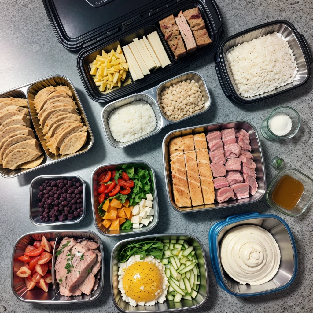 cook preparing Fitness lunch boxes with several different ingredients and meat