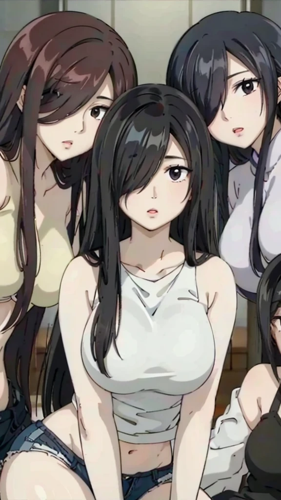 Mommy with 4 daughter,black hair, long hair, (hair over one eye:1.4), messy hair, hair between eyes, chubby cheek,Sexy lips, pucker lips
