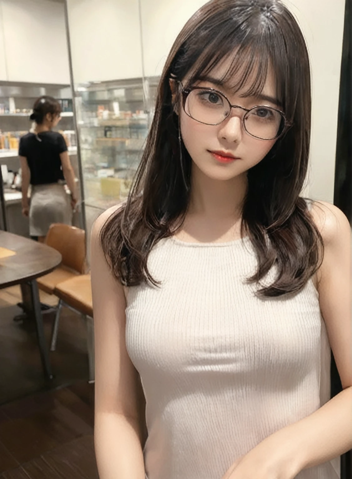 A woman in her fifties wearing a white dress and glasses standing in a room, Wearing glasses, Young and pretty girl, Wearing glasses on, Korean Girls, Wear a cute top, Asian Girl, Wearing glassesいる, Small breasts, Otaku, beautiful Asian Girl, See through, Wearing glasses, Thick glasses, Wearing a tight shirt, Good young girl