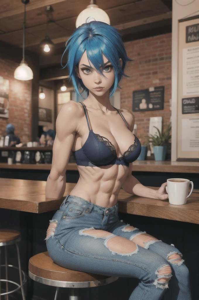 "Full body shot of a girl with blue hair, styled in a bold and edgy fashion. She’s in a trendy coffee shop, casually seated at a wooden table with a latte in front of her. The background features the cozy, eclectic decor of the coffee shop, with warm lighting and quirky decorations. Skin color bra, ripped skinny jeans, and bare veiny feet with blue nail polish. Bare shoulders, fit body,veiny shoulders,veiny arms,abs. Her expression is confident and cool, reflecting her unique style and personality."