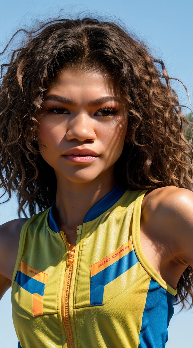 zendaya, beautiful mature American college girl, in track outfit, outside on track field, curly straight hair, brown hair, (shiny and shot hair), ((slim, petite)), photorealistic, photo, masterpiece, realistic, realism, photorealism, high contrast, photorealistic digital art trending on Artstation 8k HD high definition detailed realistic, detailed, skin texture, hyper detailed, realistic skin texture, armature, best quality, ultra high res, (photorealistic:1.4),, high resolution, detailed, raw photo, sharp re, by lee jeffries nikon d850 film stock photograph 4 kodak portra 400 camera f1.6 lens rich colors hyper realistic lifelike texture dramatic lighting unrealengine trending on artstation cinestill 800,