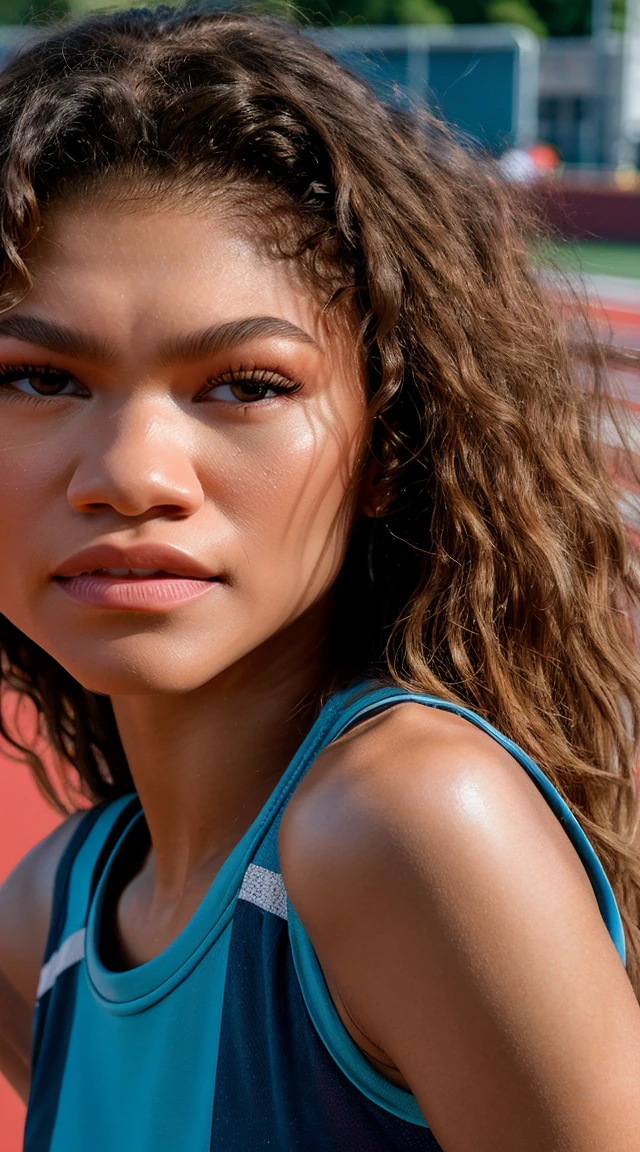 zendaya, beautiful mature American college girl, in track outfit, outside on track field, curly straight hair, brown hair, (shiny and shot hair), ((slim, petite)), photorealistic, photo, masterpiece, realistic, realism, photorealism, high contrast, photorealistic digital art trending on Artstation 8k HD high definition detailed realistic, detailed, skin texture, hyper detailed, realistic skin texture, armature, best quality, ultra high res, (photorealistic:1.4),, high resolution, detailed, raw photo, sharp re, by lee jeffries nikon d850 film stock photograph 4 kodak portra 400 camera f1.6 lens rich colors hyper realistic lifelike texture dramatic lighting unrealengine trending on artstation cinestill 800,