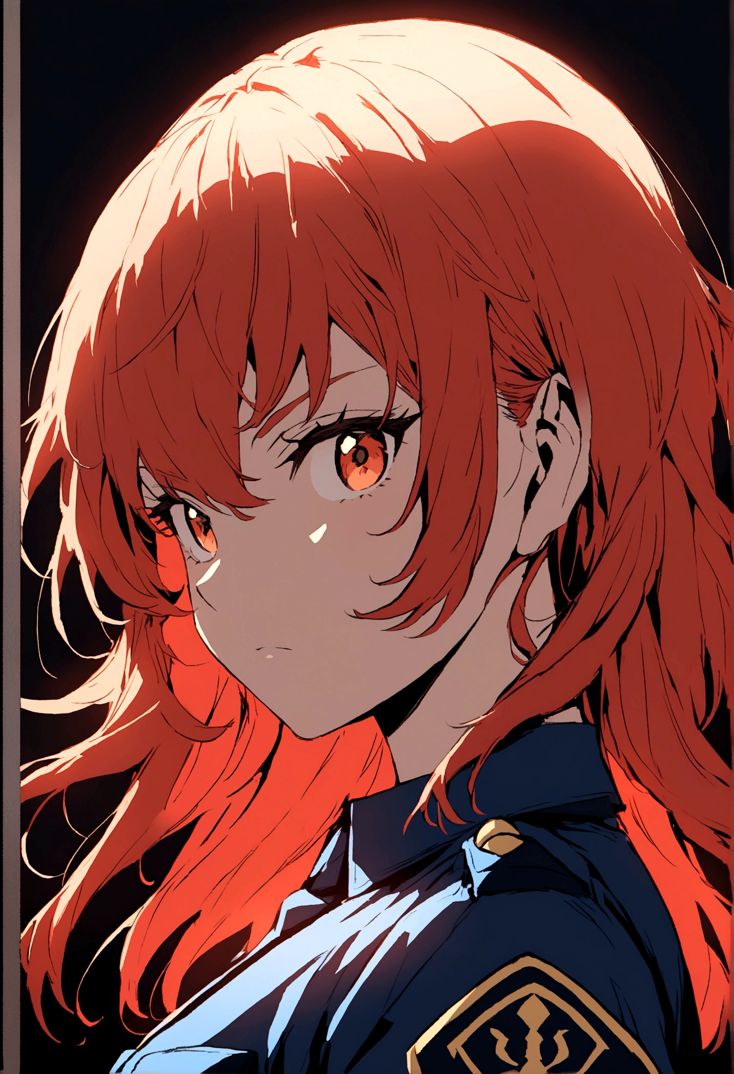 Create an anime style image of a redheaded white female police officer