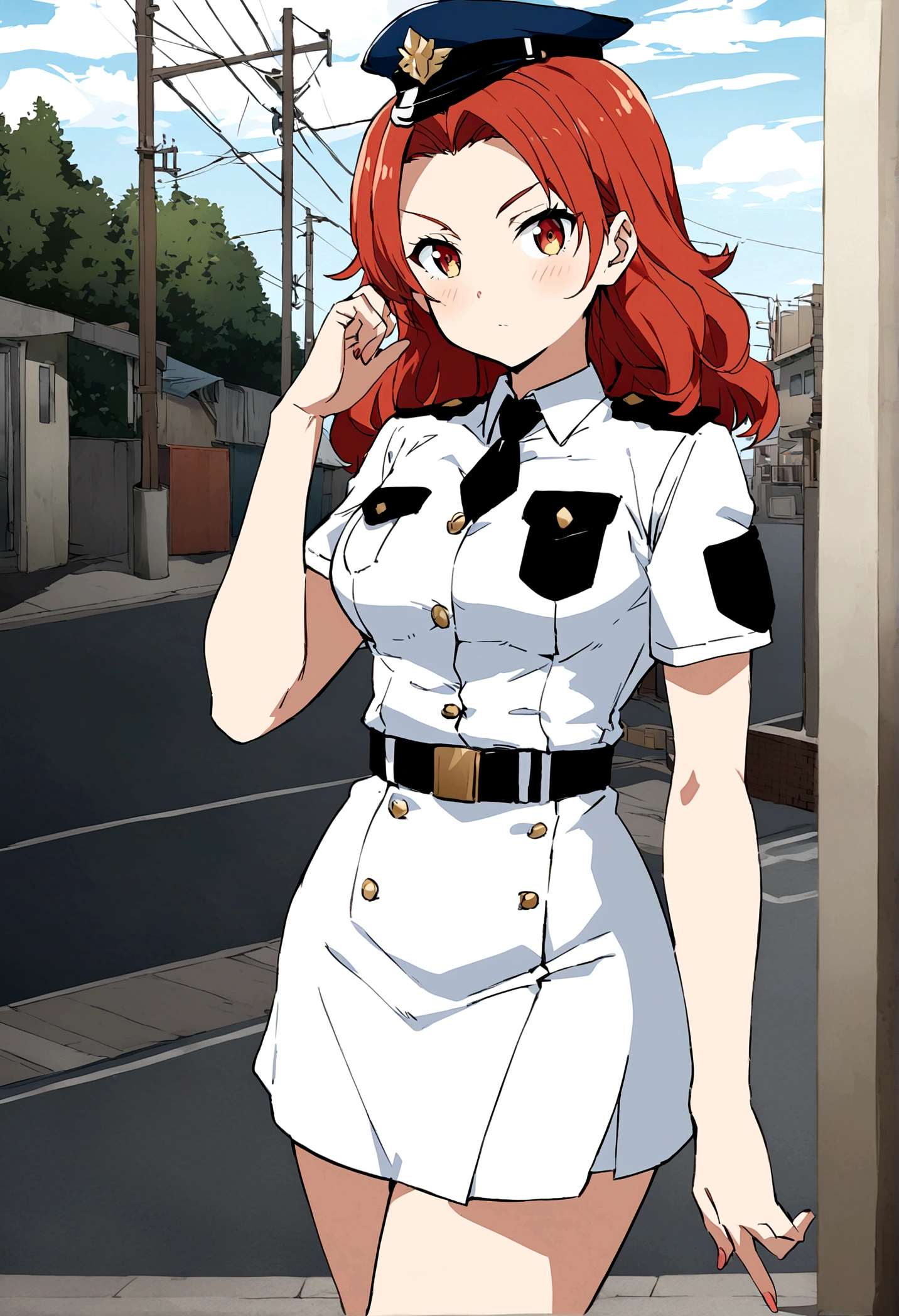 Create an anime style image of a redheaded white female police officer