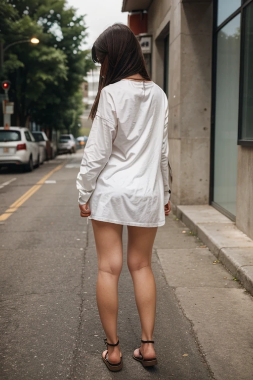 a girl from behind hiding what she is holding in her hands, full body,