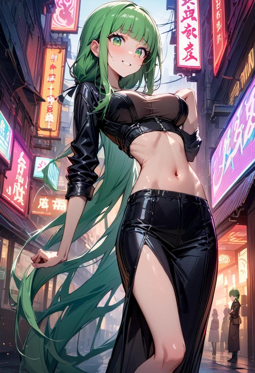 ((masterpiece,Highest quality:1.3)),cowboy shot,1woman,30 year old beauty,独奏,((very small head:1.3)),green hair,(low ponytail),long hair,blunt bangs,green eyes,gorgeous eyes,shy,smile,medium breasts,((very long body:1.2)),((toned body,slender body,skinny)),gleaming skin,shiny skin,(Wearing a black leather biker jacket)、Tank top、navel、Tight Skirt)、barefoot、standing,Metropolis、neon、cyber punk、World of Blade Runner、