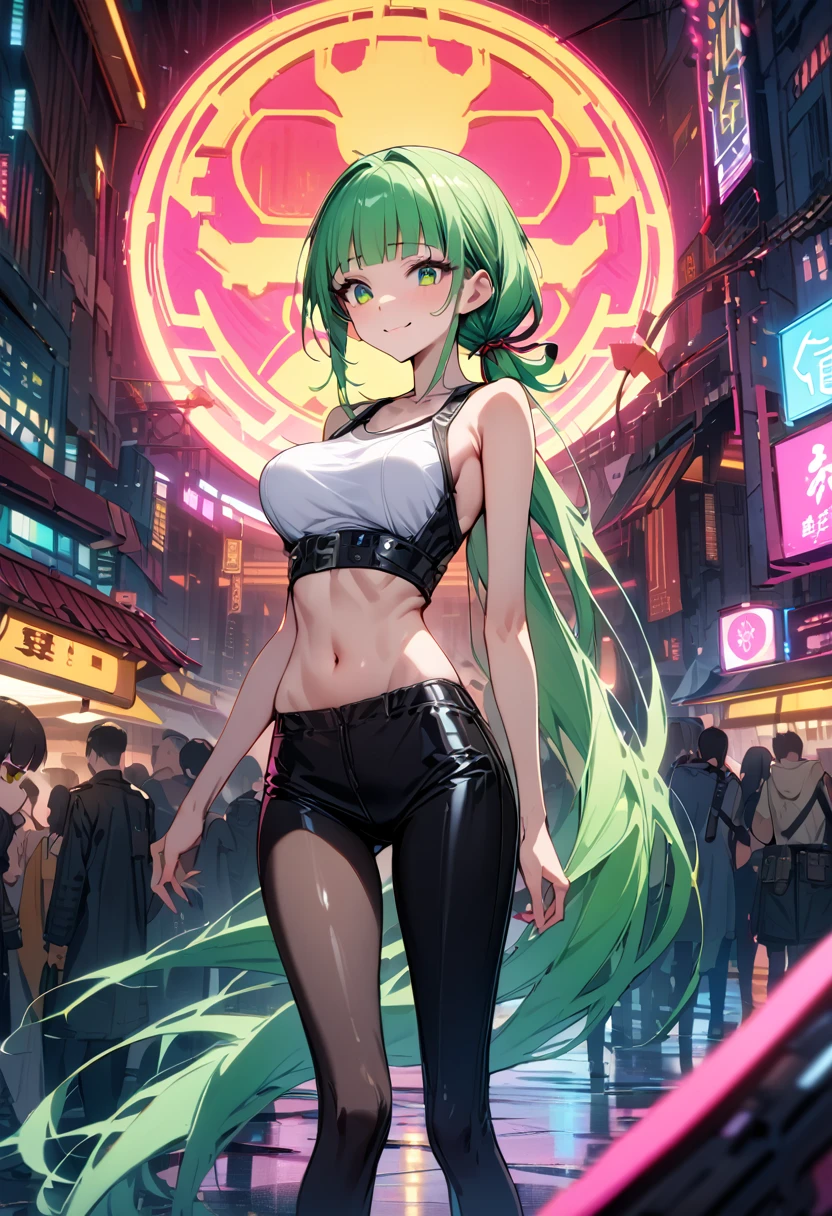 ((masterpiece,Highest quality:1.3)),cowboy shot,1woman,30 year old beauty,独奏,((very small head:1.3)),green hair,(low ponytail),long hair,blunt bangs,green eyes,gorgeous eyes,shy,smile,medium breasts,((very long body:1.2)),((toned body,slender body,skinny)),gleaming skin,shiny skin,(Wearing a black leather biker jacket)、Tank top、navel、Tight Skirt)、barefoot、standing,Metropolis、neon、cyber punk、World of Blade Runner、
