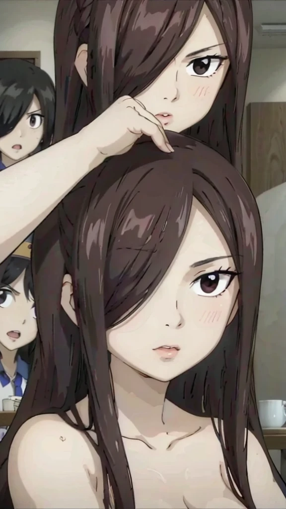 Mommy with 4 daughter,black hair, long hair, (hair over one eye:1.4), messy hair, hair between eyes, chubby cheek,Sexy lips, pucker lips