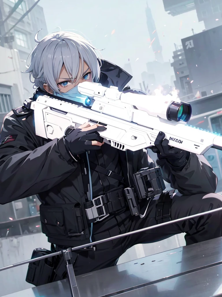 anime character with gun in hand and scarf, an anime drawing inspired by Okumura Togyu, trends on pixiv, neoism, trigger anime art style, Anime main art, white  hair, best 4k konachan anime wallpaper, an angry teenage killer, de white  hair, male anime character, anime character detailed art, with white sniper No errors Symmetry Right hands Sniper position Short, messy hair Scarf covering the face Black assassin&#39;s outfit White sniper painted white white details 