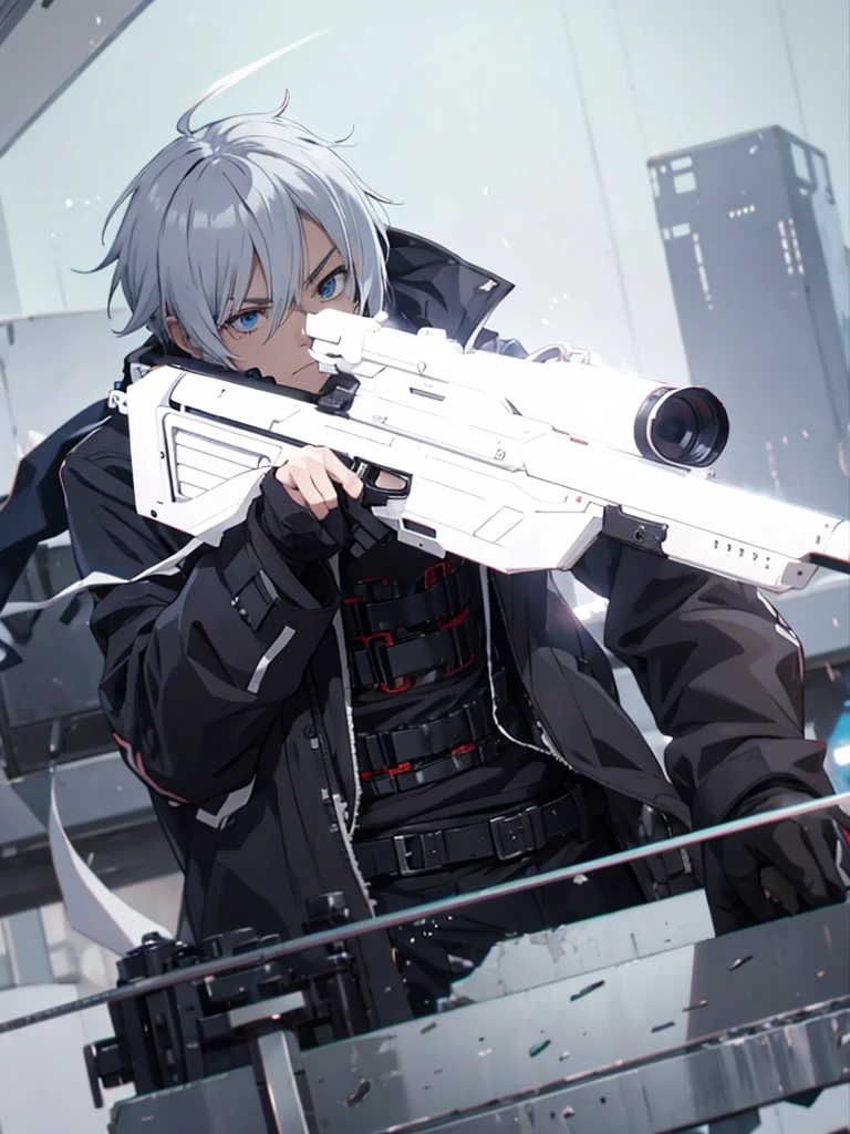 anime character with gun in hand and scarf, an anime drawing inspired by Okumura Togyu, trends on pixiv, neoism, trigger anime art style, Anime main art, white  hair, best 4k konachan anime wallpaper, an angry teenage killer, de white  hair, male anime character, anime character detailed art, with white sniper No errors Symmetry Right hands Sniper position Short, messy hair Scarf covering the face Black assassin&#39;s outfit White sniper painted white white details 