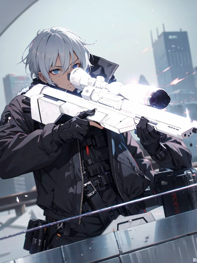 anime character with gun in hand and scarf, an anime drawing inspired by Okumura Togyu, trends on pixiv, neoism, trigger anime art style, Anime main art, white  hair, best 4k konachan anime wallpaper, an angry teenage killer, de white  hair, male anime character, anime character detailed art, with white sniper No errors Symmetry Right hands Sniper position Short, messy hair Scarf covering the face Black assassin&#39;s outfit White sniper painted white white details 