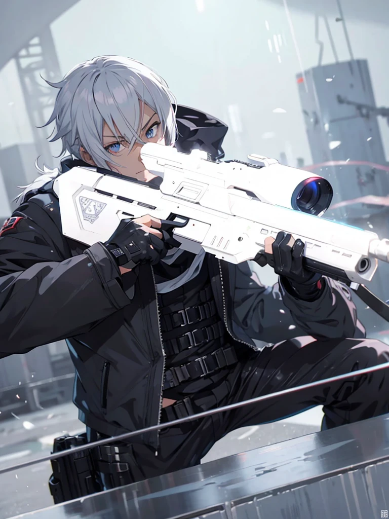anime character with gun in hand and scarf, an anime drawing inspired by Okumura Togyu, trends on pixiv, neoism, trigger anime art style, Anime main art, white  hair, best 4k konachan anime wallpaper, an angry teenage killer, de white  hair, male anime character, anime character detailed art, with white sniper No errors Symmetry Right hands Sniper position Short, messy hair Scarf covering the face Black assassin&#39;s outfit White sniper painted white white details 
