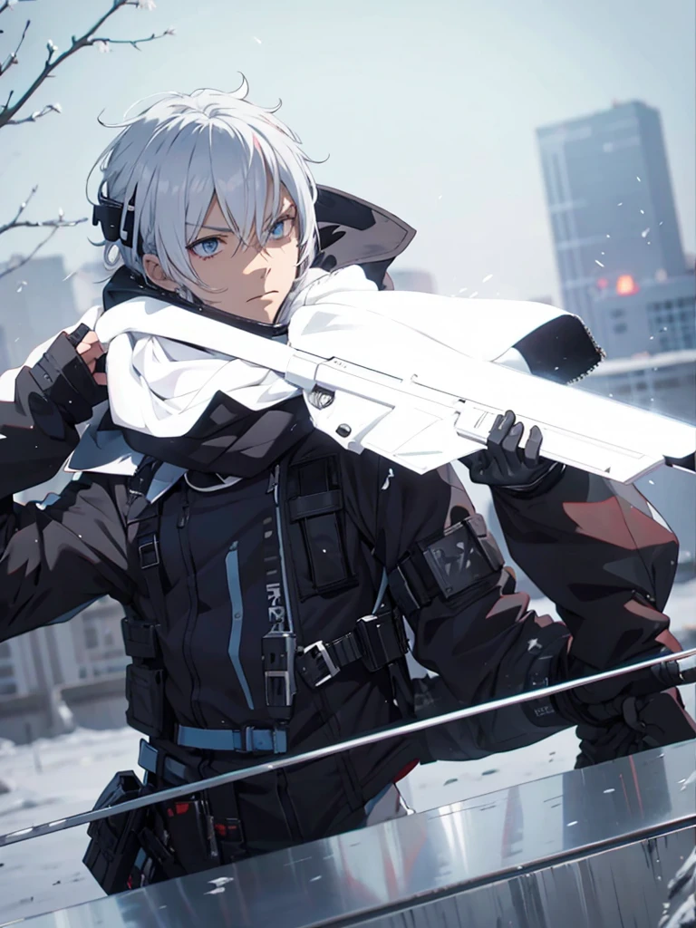 anime character with gun in hand and scarf, an anime drawing inspired by Okumura Togyu, trends on pixiv, neoism, trigger anime art style, Anime main art, white  hair, best 4k konachan anime wallpaper, an angry age killer, de white  hair, male anime character, anime character detailed art, with white sniper No errors Symmetry Right hands Sniper position Short, messy hair Scarf covering the face Black assassin&#39;s outfit White sniper painted white white details 