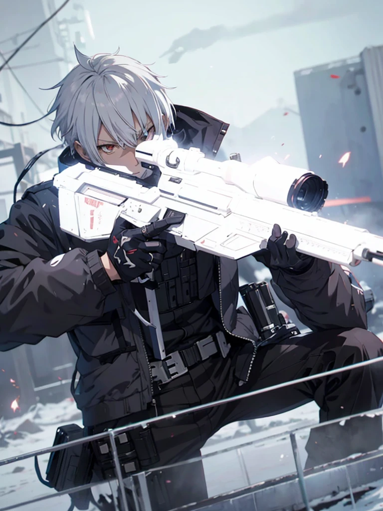 anime character with gun in hand and scarf, an anime drawing inspired by Okumura Togyu, trends on pixiv, neoism, trigger anime art style, Anime main art, white  hair, best 4k konachan anime wallpaper, an angry age killer, de white  hair, male anime character, anime character detailed art, with white sniper No errors Symmetry Right hands Sniper position Short, messy hair Scarf covering the face Black assassin&#39;s outfit White sniper painted white white details 