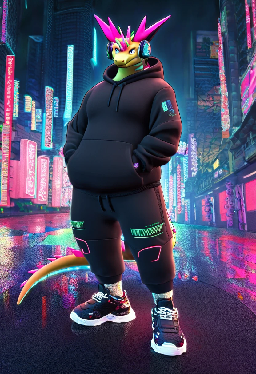 Herbivoredragon,male, cool dragon anime, chubby, anthropomorphic, (wearing stylish black sweatshirt, sport shoes,headphone), full body view,cyberpunk, Tokyo cyber city, night, ultra 8k resolution, pixiv,unreal rendering