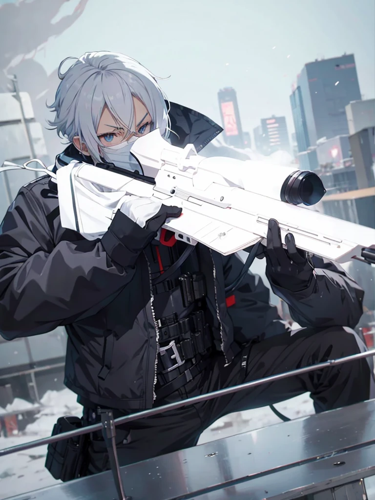 anime character with gun in hand and scarf, an anime drawing inspired by Okumura Togyu, trends on pixiv, neoism, trigger anime art style, Anime main art, white  hair, best 4k konachan anime wallpaper, an angry teenage killer, de white  hair, male anime character, anime character detailed art, with white sniper No errors Symmetry Right hands Sniper position Short, messy hair Scarf covering the face Black assassin&#39;s outfit White sniper painted white white details 