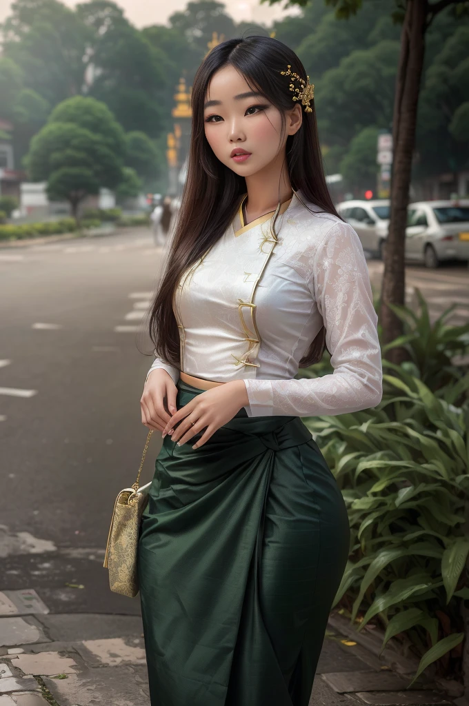 there is a woman that is standing on the sidewalk with a purse, traditional beauty, white shirt and green skirt, beautiful asian girl, young asian girl, sukhothai costume, a young asian woman, asian girl, young asian woman, front side full, south east asian with long, an asian woman, beautiful asian woman, in style of thawan duchanee
