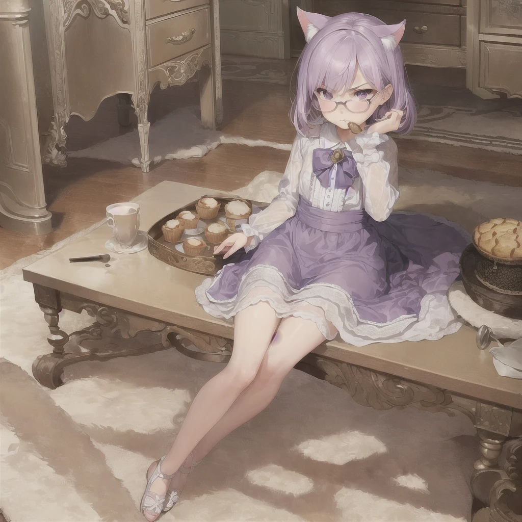 ((masterpiece)), (best quality), (ultra-detailed), photorealistic, (best illustration), ((an extremely delicate and beautiful)), 1boy, solo, medium hair, lilac cat ears, [:lilac cat tail under:0.2], full body, very young, Cute, angry, eating muffin, territorial, hiding food from viewer, purple eyes, shortstack, ???, Crumbs on cheeks, glasses, serious face, boyish face, young boy. 