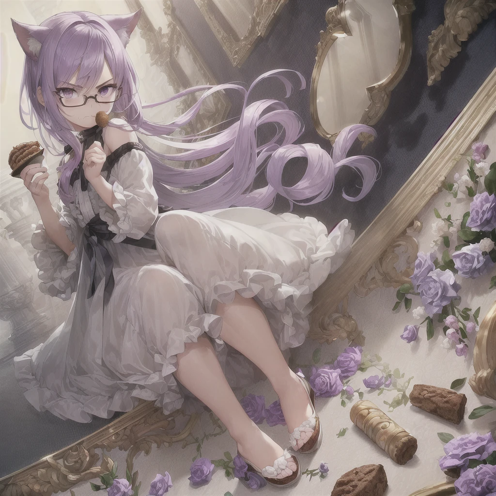 ((masterpiece)), (best quality), (ultra-detailed), photorealistic, (best illustration), ((an extremely delicate and beautiful)), 1boy, solo, medium hair, lilac cat ears, [:lilac cat tail under:0.2], full body, very young, Cute, angry, eating muffin, territorial, hiding food from viewer, purple eyes, shortstack, , Crumbs on cheeks, glasses, serious face, boyish face, young boy. 