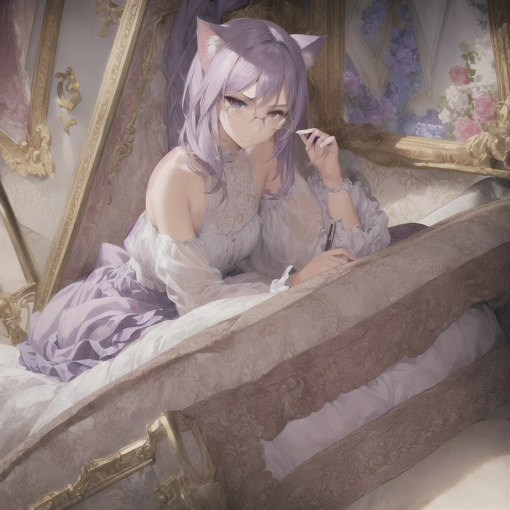 ((masterpiece)), (best quality), (ultra-detailed), photorealistic, (best illustration), ((an extremely delicate and beautiful)), 1boy, solo, medium hair, lilac cat ears, [:lilac cat tail under:0.2], full body, very young, Cute, angry, eating muffin, territorial, hiding food from viewer, purple eyes, shortstack, , Crumbs on cheeks, glasses, serious face, boyish face, young boy. 
