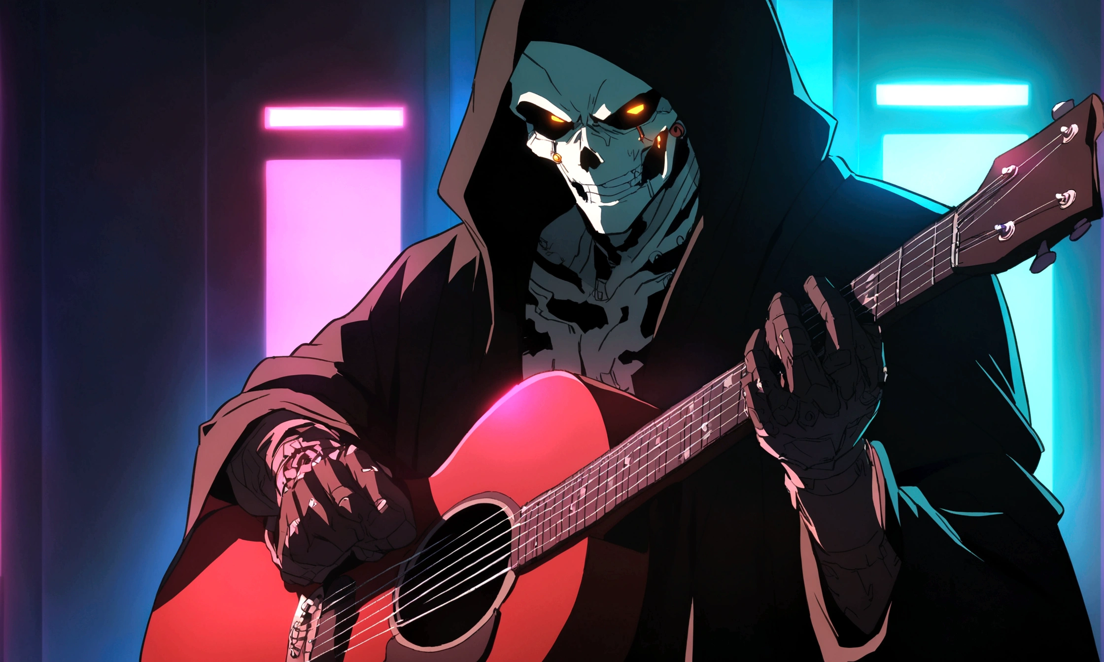 Grim reaper, anime, man, cyberpunk, playing guitar, rage