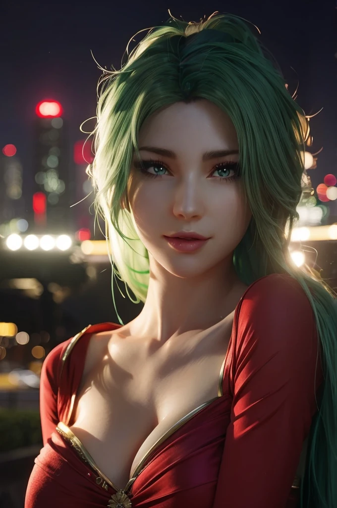 Green hair, close face shot, glowing eyes, beautiful, city night scenery, seductively, seductive smile, huge breasts, red clothes, jewelry, beautiful,