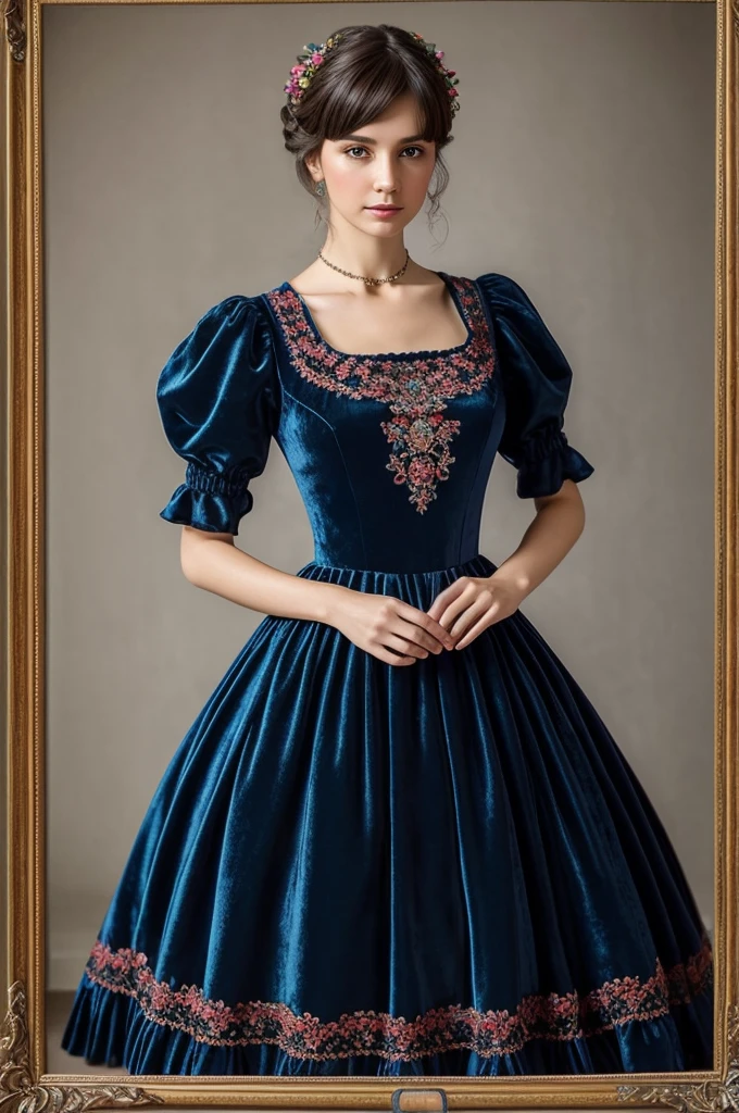 very beautiful, Slender woman, Russian, 25 years, long dress, high quality transparent fabrics, evening ball gown blue, closed sleeves, pleated, Flounced, puffs, velvet, embroidery, braid, artificial flowers, buttons, ruffles, apron-shaped folds, as well as various jewelry, a lot of fabric, Decoration Materials; Have bangs, Hair dark brown, pretty haircut; 19th century, "color photography"