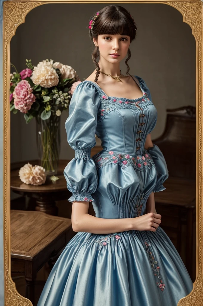 very beautiful, Slender woman, Russian, 25 years, long dress, high quality transparent fabrics, evening ball gown blue, closed sleeves, pleated, Flounced, puffs, velvet, embroidery, braid, artificial flowers, buttons, ruffles, apron-shaped folds, as well as various jewelry, a lot of fabric, Decoration Materials; Have bangs, Hair dark brown, pretty haircut; 19th century, "color photography"
