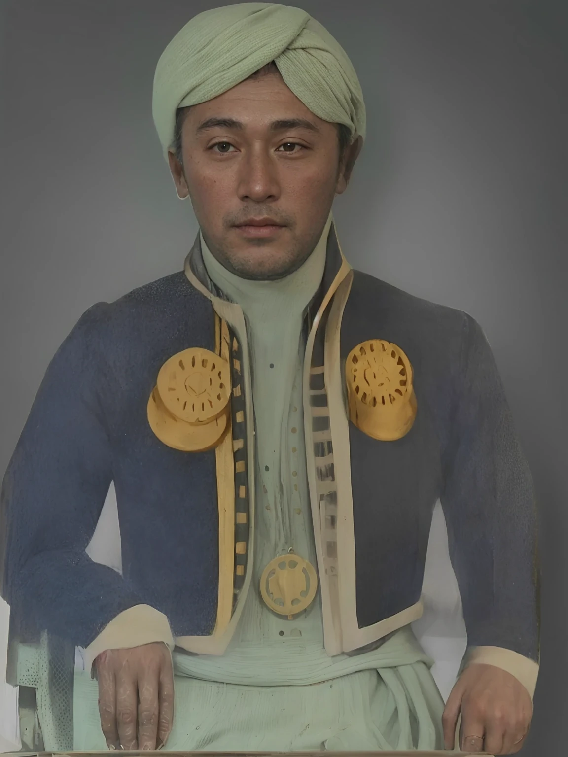 Make this photo look realistic and detailed, there is a man in a turban and a green shirt, 38years old man, inspired by Altoon Sultan, ottoman sultan, close portrait, historic portrait, raden saleh, portrait of a yari ashigaru, 1 8 0 0 s soldier, portrait n - 9, restored color, portrait image, realistic restored face, portrait still detailed, very detailed potrait, realistic portrait photo, close up potrait, profile portrait, very detailed face, very realistic face, very perfected face, very detailed clothes, very realistic clothes, very perfected clothes
